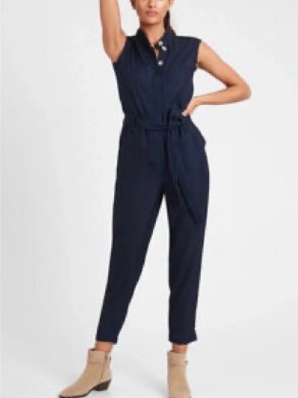 Banana Republic Navy Sleeveless Tie-Waist Jumpsuit
